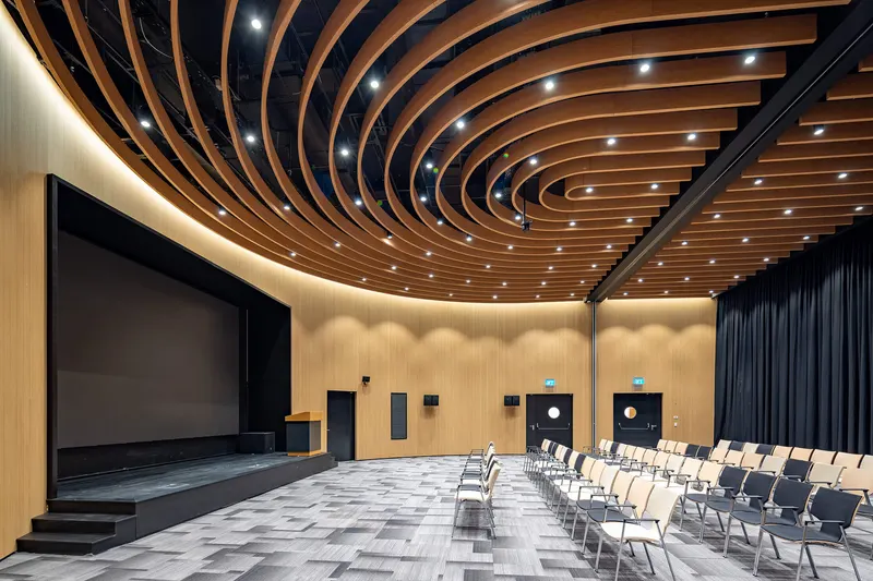 Beam acoustic panel in a styled interior
