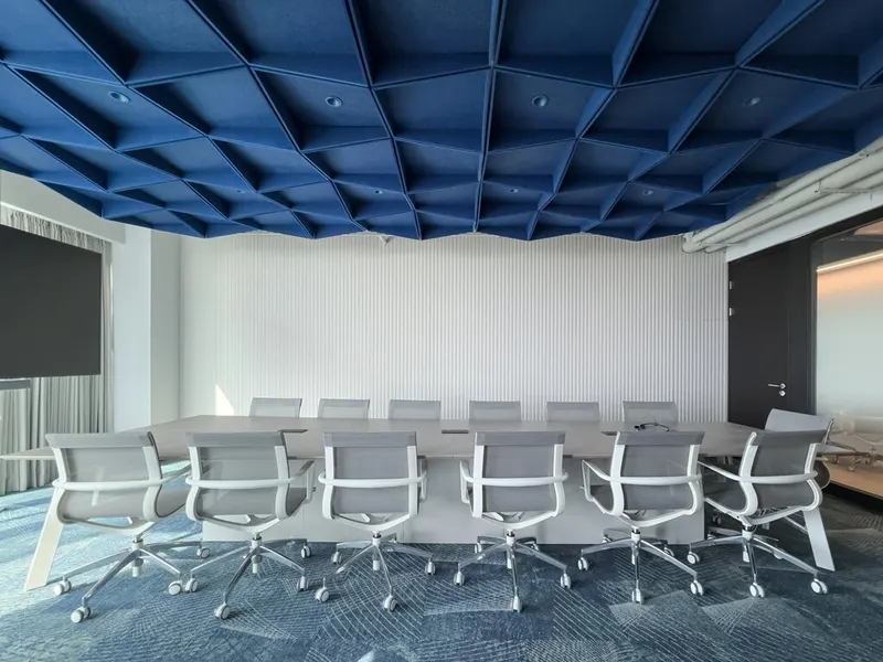 Diagonal acoustic panel in a styled interior